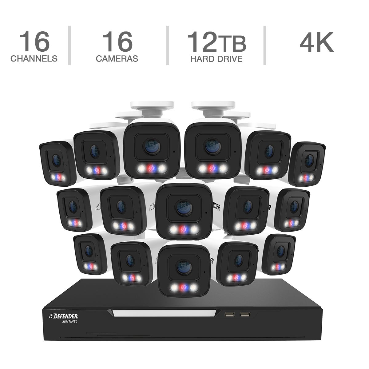 Sistema de seguridad NVR Sentinel 4K Ultra HD con PoE, 16 canales, 16 cámaras metálicas y disco duro de 12 TB (NS16B16A-12T)