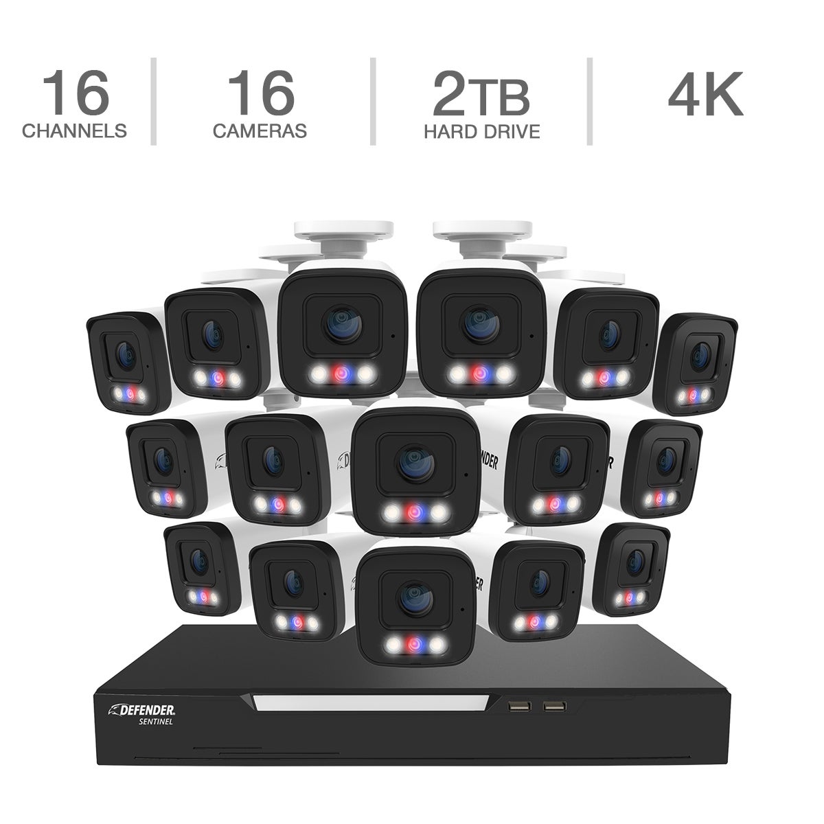 Système de sécurité NVR filaire 16 canaux PoE Sentinel 4K Ultra HD Defender AI POWERED avec 16 caméras métalliques et disque dur 2 To (NS16B16A-2T)