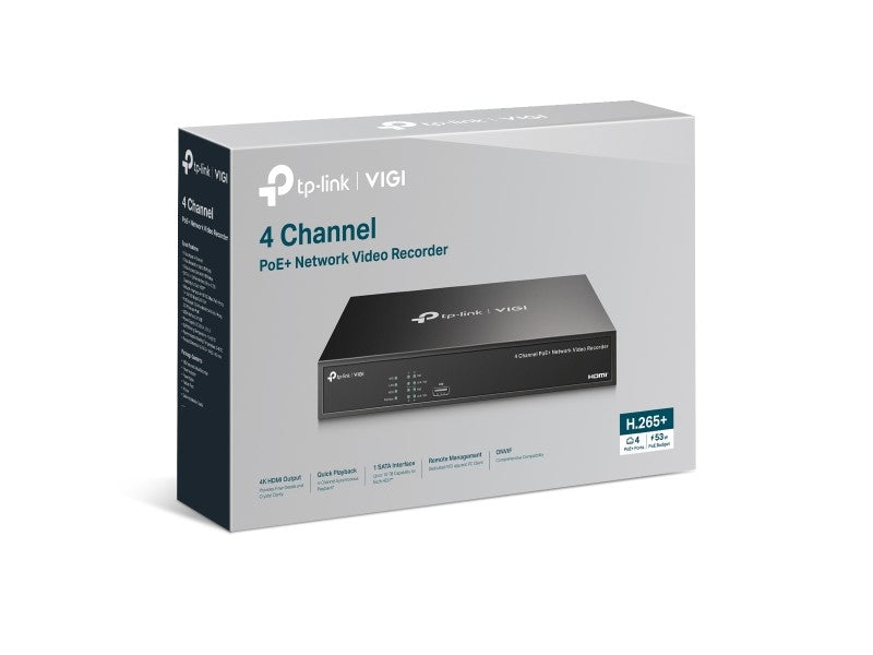 Grabador de vídeo en red PoE de 4 canales Tp-Link. Especificaciones: H.265+/H.265/H.2