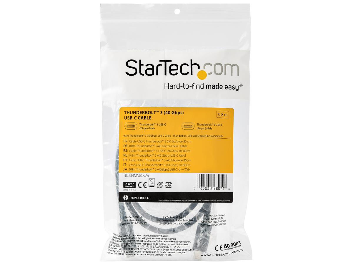 Cable Thunderbolt 3 de Startech.Com de 80 cm (2,6 pies), 40 Gbps, 100 W de potencia, 4K
