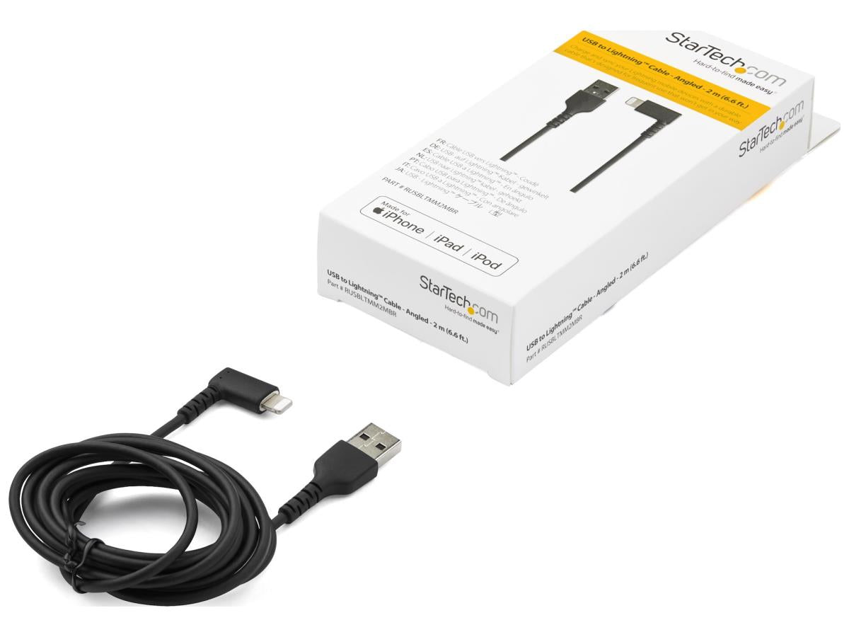 Cable USB A a Lightning resistente de Startech.com de 2 m (6 pies), negro, ángulo de 90°