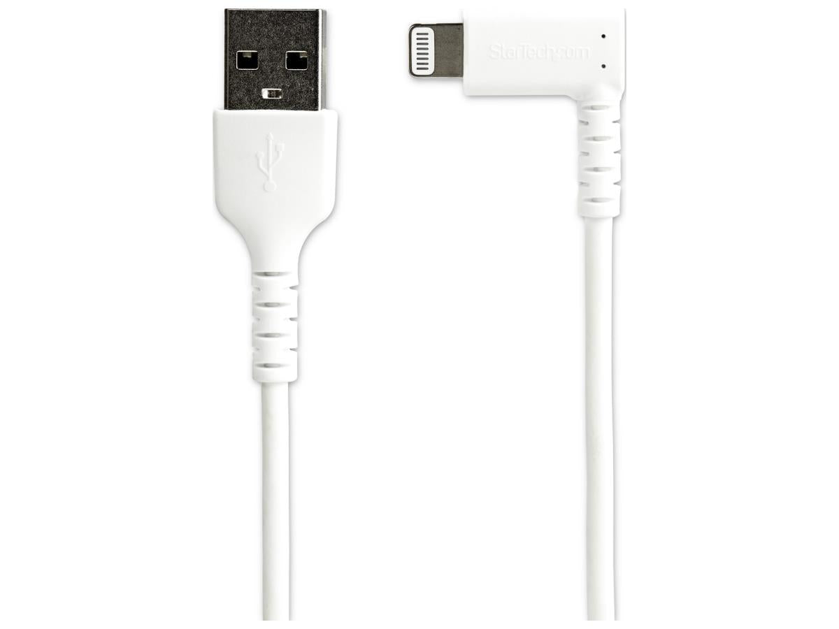 Cable USB A a Lightning duradero de Startech.Com de 2 m (6 pies), blanco, ángulo de 90°