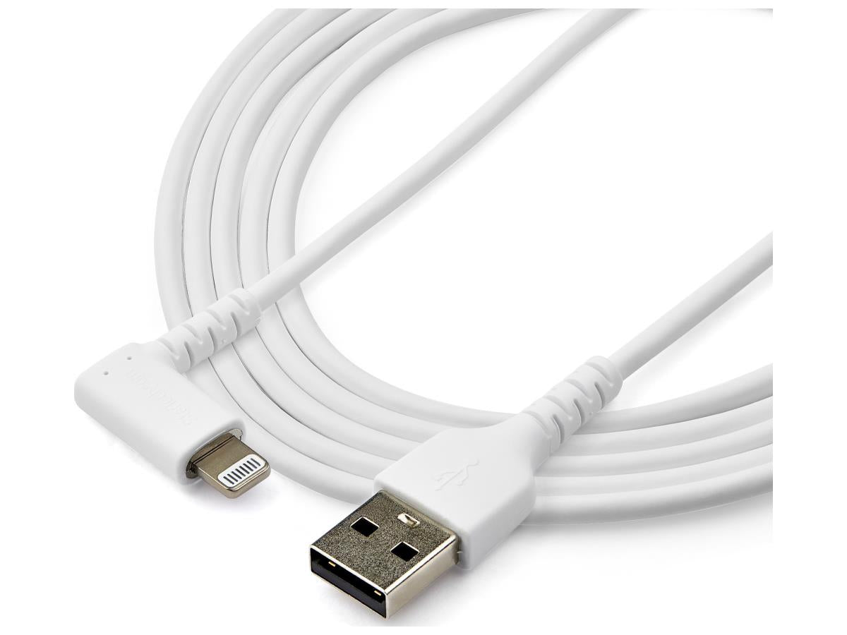 Cable USB A a Lightning duradero de Startech.Com de 2 m (6 pies), blanco, ángulo de 90°