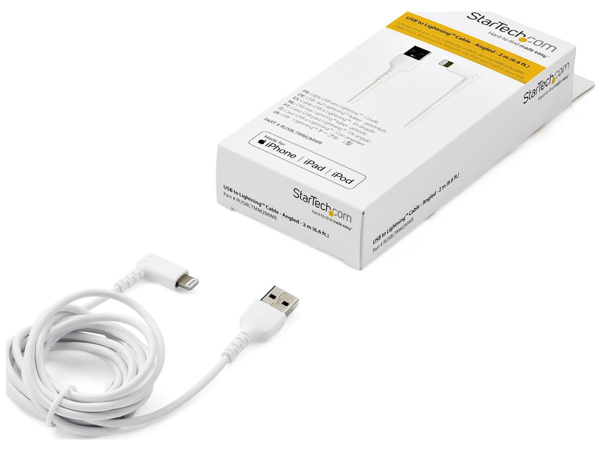 Cable USB A a Lightning duradero de Startech.Com de 2 m (6 pies), blanco, ángulo de 90°