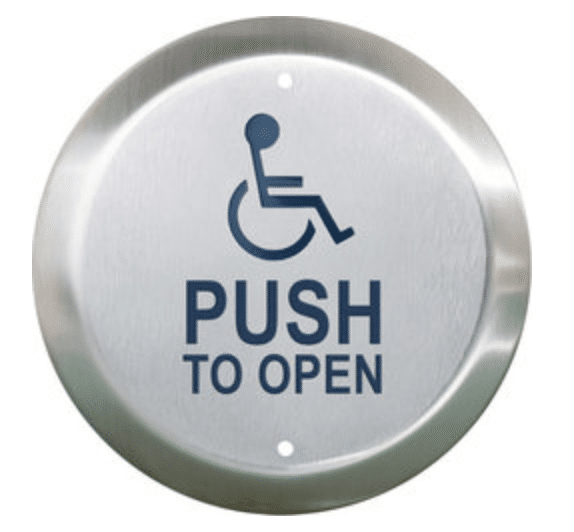 Camden 4 1/2" Round Push Plate Switch, WHEELCHAIR/PUSH TO OPEN, Blue (CM-40/4)