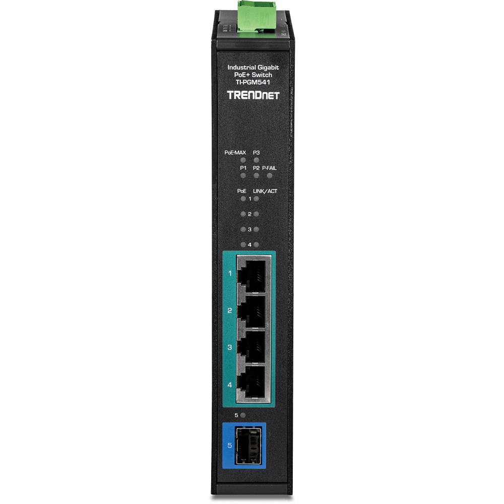 TRENDnet 5-Port Industrial Gigabit PoE+ DIN-Rail Switch -20°/ 65°C (-4°/149°F) (TI-PGM541)