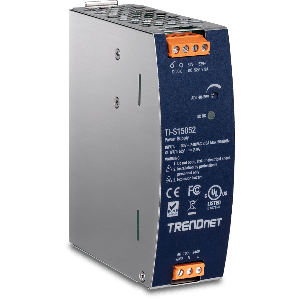 Fuente de alimentación TRENDnet de 150 W, 52 V CC, 2,89 A CA a CC para carril DIN con función PFC (TI-S15052)