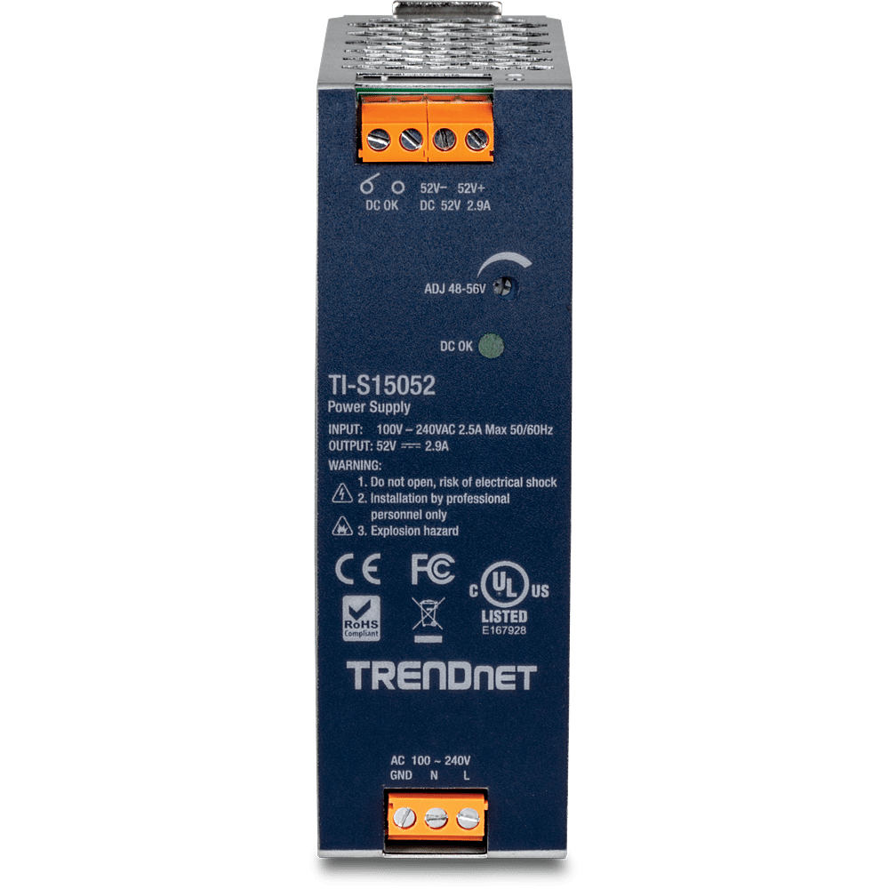TRENDnet 150W, 52V DC, 2.89A AC to DC DIN-Rail Power Supply with PFC Function (TI-S15052)