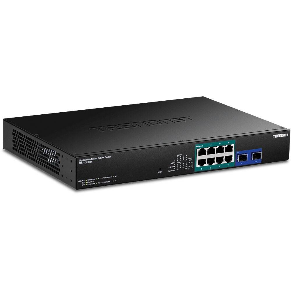 Conmutador TRENDnet Web Smart PoE++ de 10 puertos Gigabit, 8 Gigabit PoE++, 2 Gigabit SFP (TPE-1020SB)