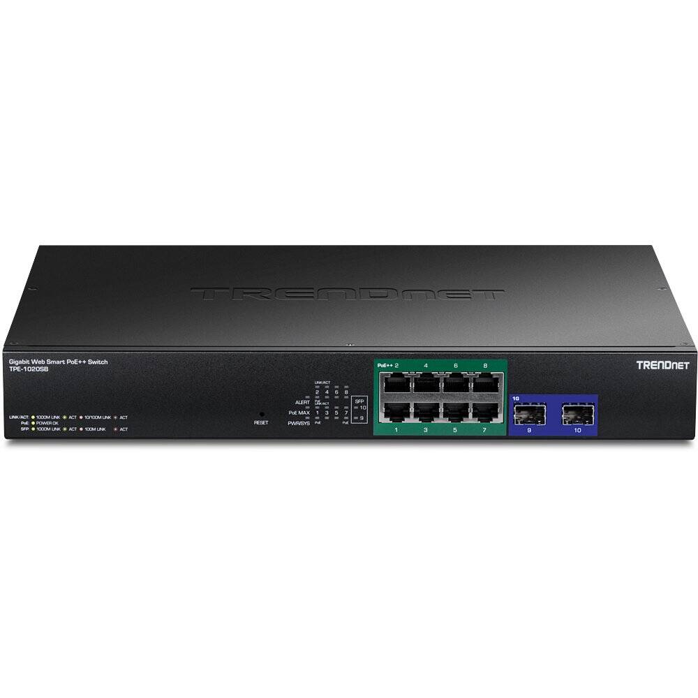 TRENDnet 10-Port Gigabit Web Smart PoE++ Switch, 8 Gigabit PoE++, 2 Gigabit SFP (TPE-1020SB)