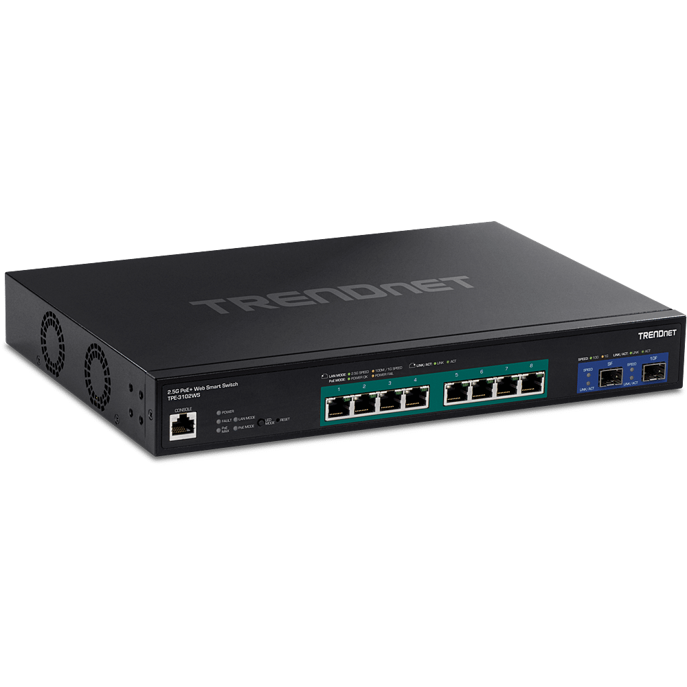 Conmutador TRENDnet Web Smart PoE+ de 10 puertos y 2,5 G con ranuras SFP+ de 10 G (TPE-3102WS)