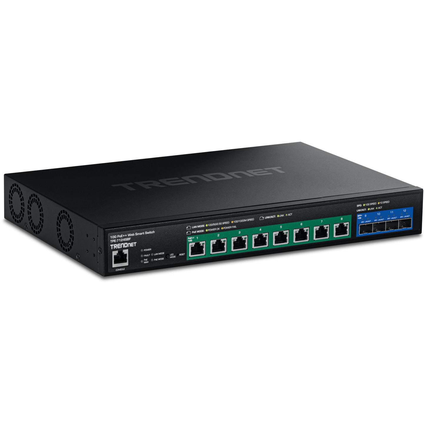 TRENDnet 12 Port 10G PoE++ Web Smart Switch, 8 10G Poe++, 4 10G SFP+ (TPE-7124SBF)