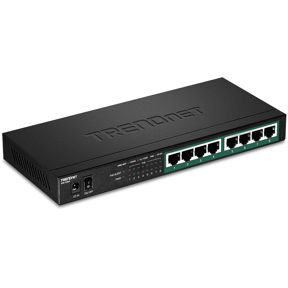 TRENDnet 8 Port Gigabit PoE+ Switch, Fanless, Shelf / Wall Mountable (TPE-TG84)