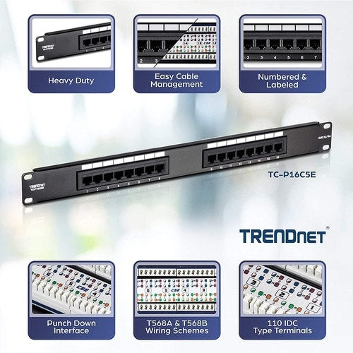 Panel de conexión sin blindaje Cat5/5e de 16 puertos TRENDnet