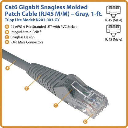 Tripp Lite Cat6 UTP Patch Cable - 1ft - Gray