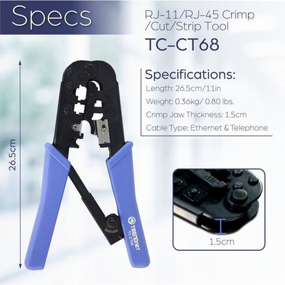 Herramienta de crimpado TRENDnet, herramienta de crimpado, corte y pelado, para cualquier cable Ethernet o telefónico