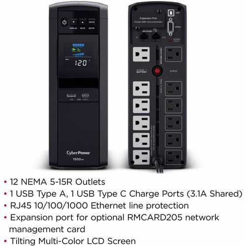 Cyber Power CyberPower PFC Sinewave CP1500PFCLCD - Capacidad: 1500 VA / 1000 W