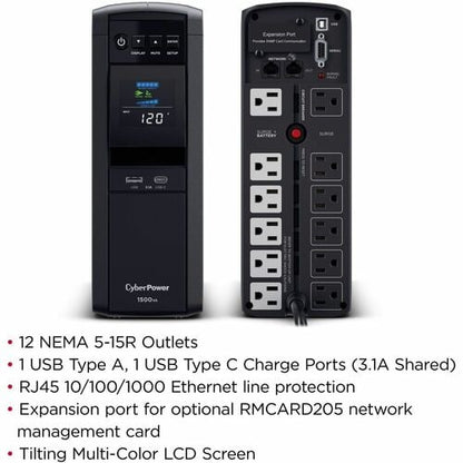 Cyber Power CyberPower PFC Sinewave CP1500PFCLCD - Capacidad: 1500 VA / 1000 W