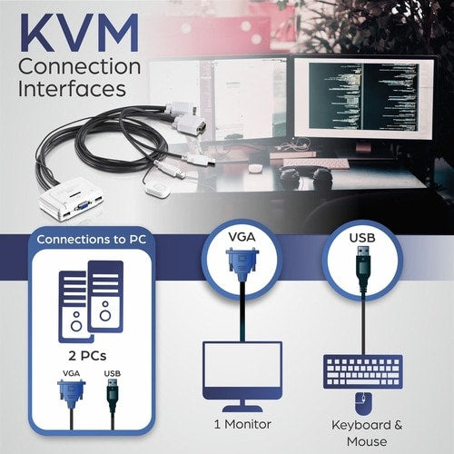 CONMUTADOR KVM DE 2 PUERTOS, 2U, 2 USB TIPO A, 2 PUERTOS VGA DE 15 PINES