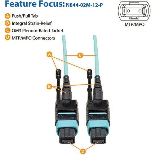 Câble de raccordement MTP/MPO Tripp Lite par Eaton de 2 mètres, 12 fibres, 40 GbE Aqua OM3 Plen