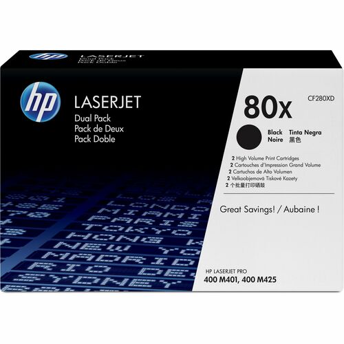 Cartucho de tóner original HP 80X (CF280XD), paquete doble, negro