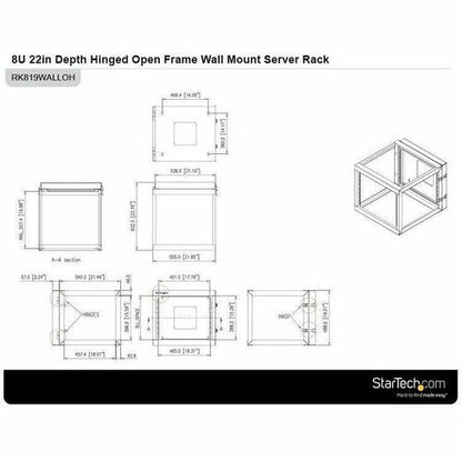 StarTech.com 4-Post 8U Hinged Wall-Mount Network Rack, 19" Open Frame