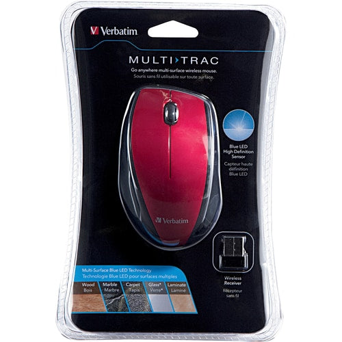 Souris sans fil Verbatim Multi-Trac à LED bleue pour ordinateur portable - Rouge