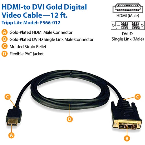 Cable convertidor de video adaptador de monitor digital HDMI a DVI-D de 12 pies de Tripp Lite M/M 12' - 12 f