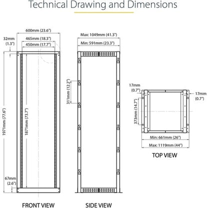 StarTech.com 4-Post 42U Mobile Open Frame Server Rack, 19" Network Rac