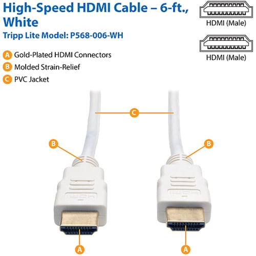 Tripp Lite 6ft High Speed HDMI Cable Digital Video with Audio 4K x 2K M/M White 6' - 6 ft