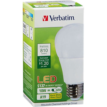 Verbatim A19 3000K, 810lm LED Lamp - 10 W - 120 V AC - A19 Size - Warm