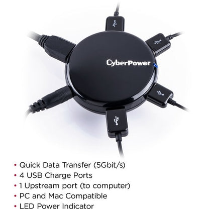 Hub USB 3.0 ultra-rapide CyberPower CPH430PB avec 4 ports et chargeur secteur 3,6 A - Noir - USB