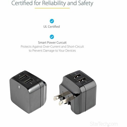 Cargador de pared USB de viaje StarTech.com - 2 puertos - Negro - Universal Trav