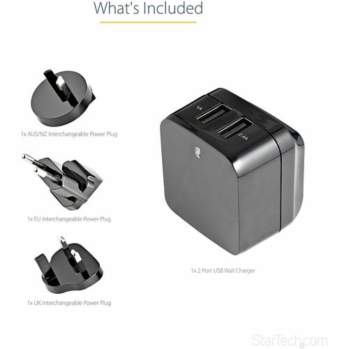 Cargador de pared USB de viaje StarTech.com - 2 puertos - Negro - Universal Trav