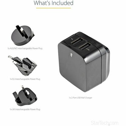 Cargador de pared USB de viaje StarTech.com - 2 puertos - Negro - Universal Trav