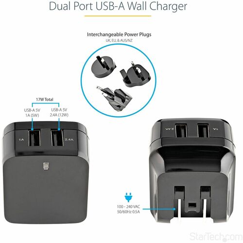 Cargador de pared USB de viaje StarTech.com - 2 puertos - Negro - Universal Trav