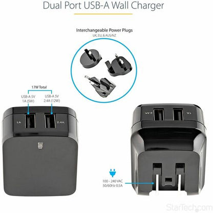 Cargador de pared USB de viaje StarTech.com - 2 puertos - Negro - Universal Trav
