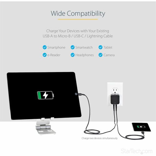 Cargador de pared USB de viaje StarTech.com - 2 puertos - Negro - Universal Trav