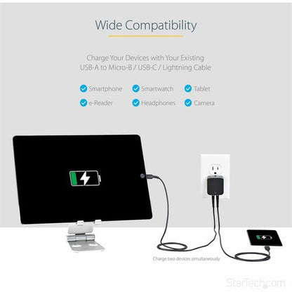 Cargador de pared USB de viaje StarTech.com - 2 puertos - Negro - Universal Trav