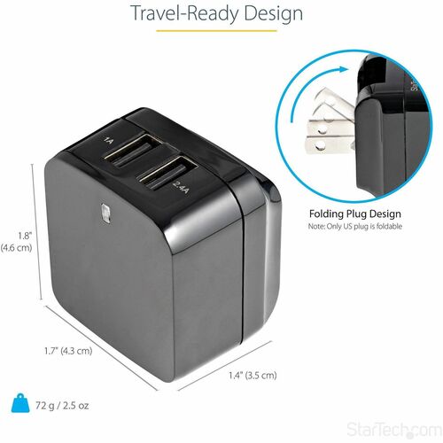 Cargador de pared USB de viaje StarTech.com - 2 puertos - Negro - Universal Trav