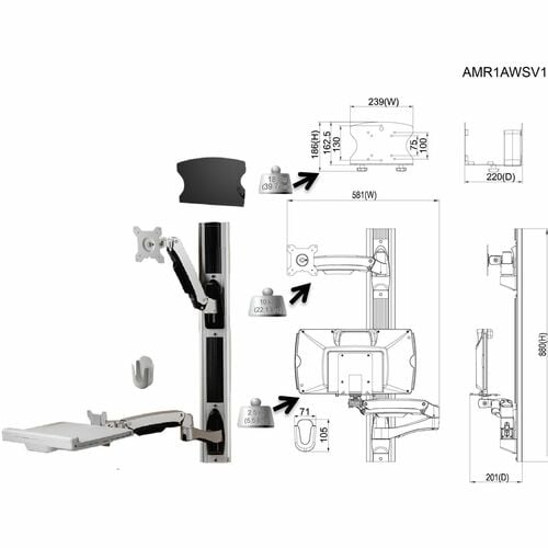 Soporte de pared con riel de brazo doble Amer Mounts (pantalla y