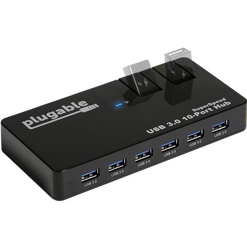 Hub USB Plugable, 10 ports - USB 3.0 5 Gbit/s avec adaptateur secteur 48 W et deux ports rabattables