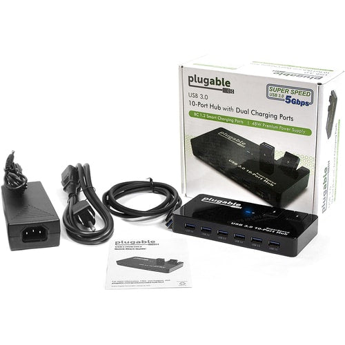Hub USB Plugable, 10 ports - USB 3.0 5 Gbit/s avec adaptateur secteur 48 W et deux ports rabattables
