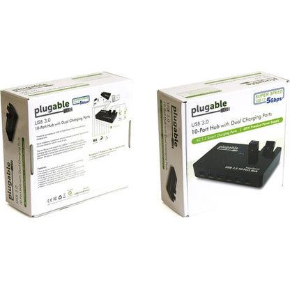 Hub USB Plugable, 10 ports - USB 3.0 5 Gbit/s avec adaptateur secteur 48 W et deux ports rabattables