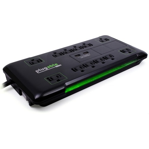Plugable Surge Protector Power Strip with USB and 12 AC Outlets - Buil