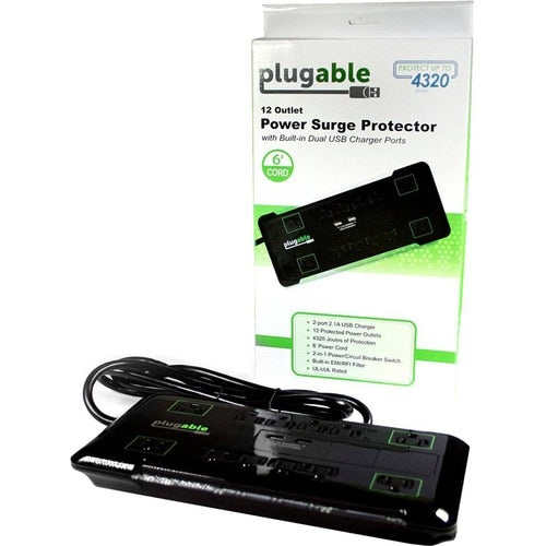 Plugable Surge Protector Power Strip with USB and 12 AC Outlets - Buil