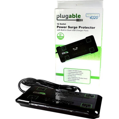Plugable Surge Protector Power Strip with USB and 12 AC Outlets - Buil