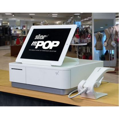 Star Micronics mPOPÂ® Handheld Barcode Scanner (White) - With Stand, 1D, USB -