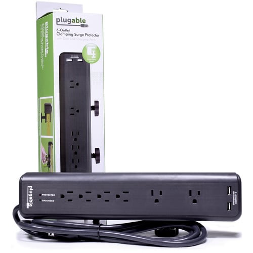 Plugable 6 AC Outlet Surge Protector with Clamp Mount for Workbench or