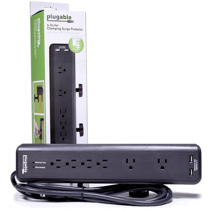 Plugable 6 AC Outlet Surge Protector with Clamp Mount for Workbench or
